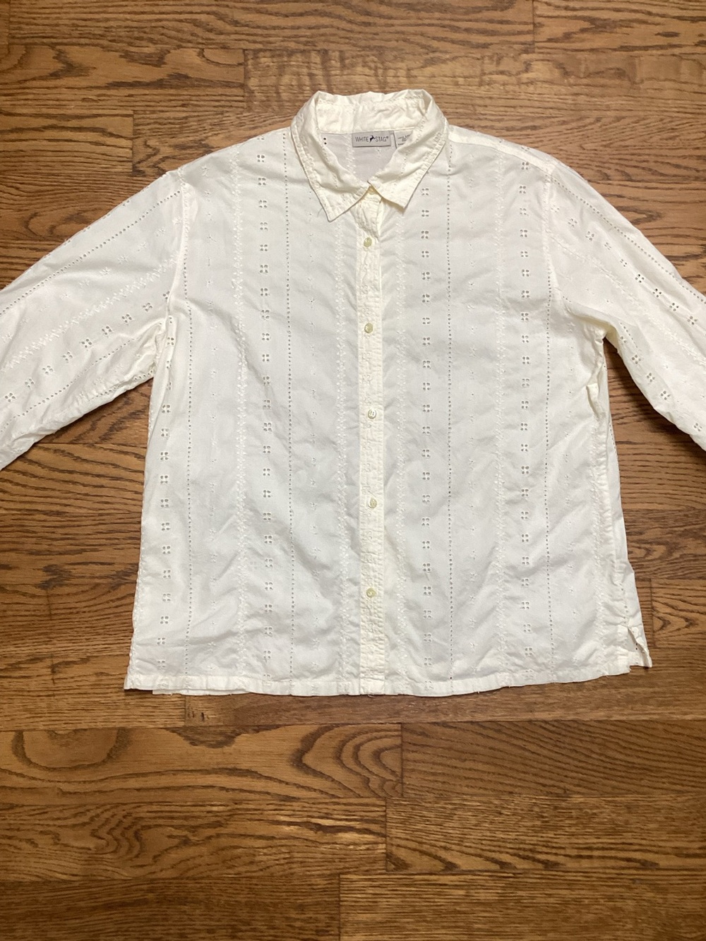 Y2K antiqued white Cotton eyelet button up blouse size Large 12-14 White Stag